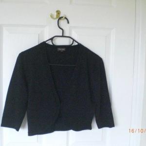 Dress, sleeveless, black with a zigzag pattern, size 10 [Betty Barclay] and a matching black shrug [Phase Eight]