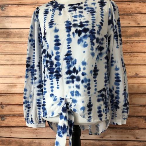 Love Mark Heyes White/Blue Tie Dye Print Tie Front Top