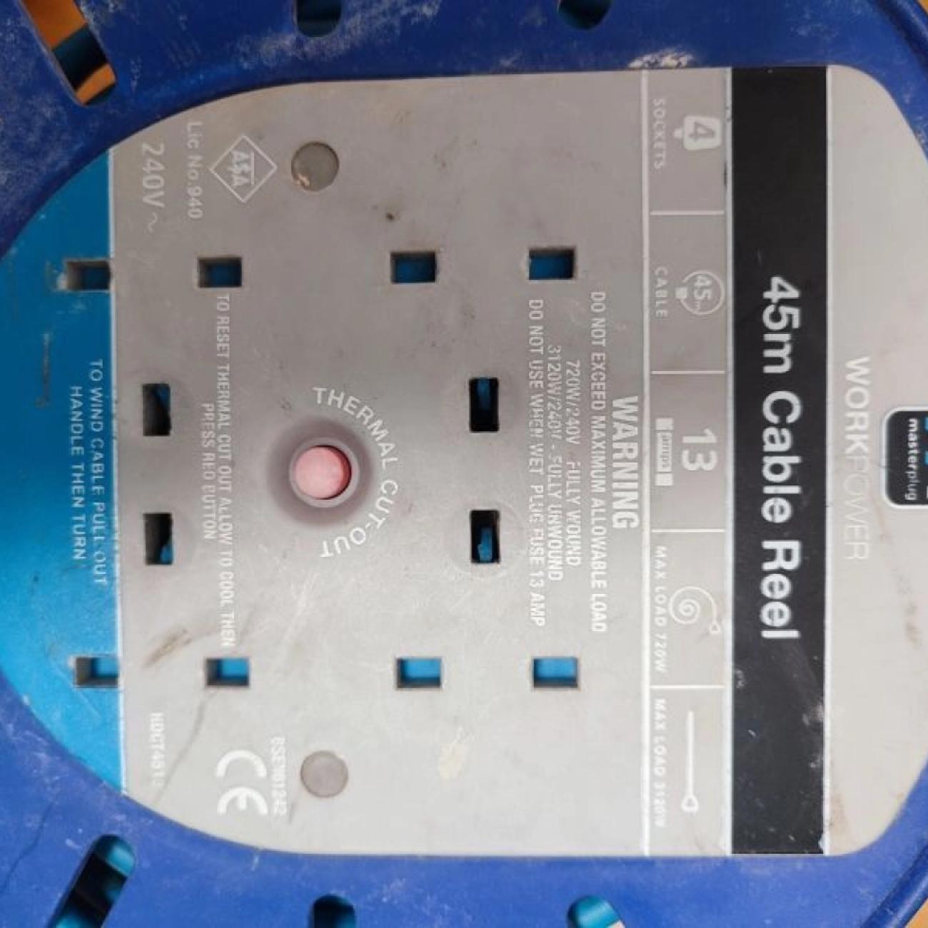 45M Extension Cable Reel 230V 13A 4 x Sockets Heavy Duty
