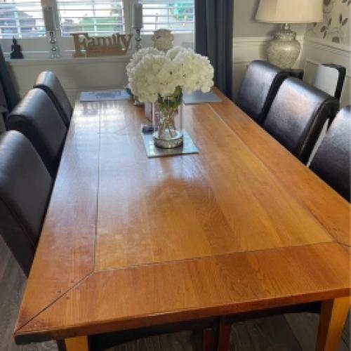 Solid oak dining table and six chairs and also nail equipment for sale to