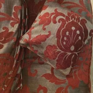SCS BURGUNDY SOFA plus white Chinese rug
