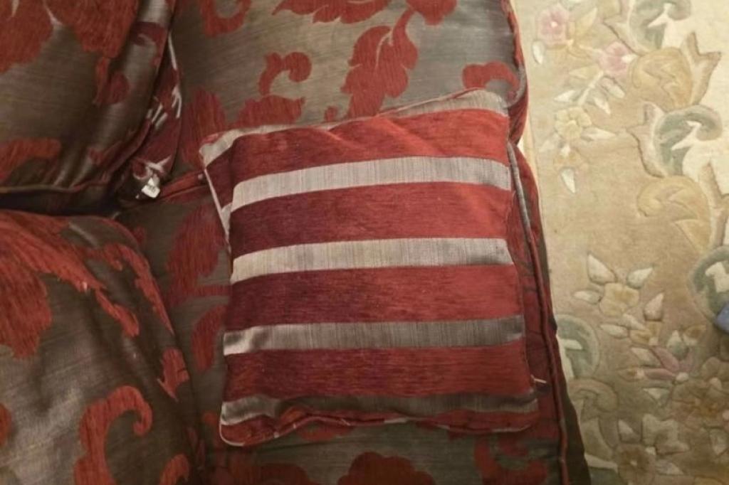 SCS BURGUNDY SOFA plus white Chinese rug