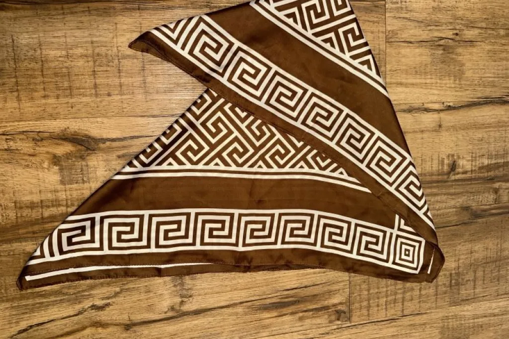 Brown & White Geometric Satin Scarf / Shawl — Preloved