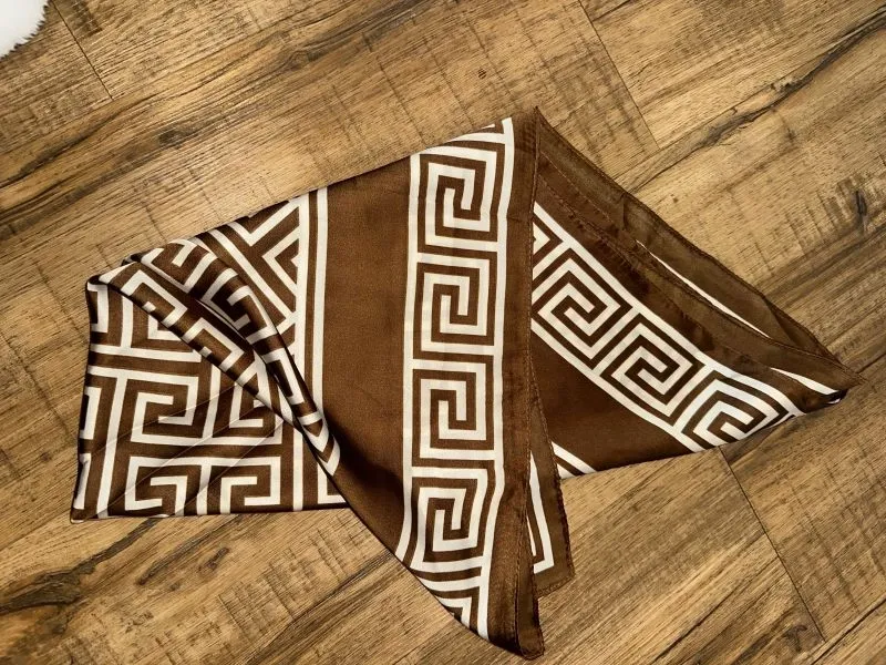 Brown & White Geometric Satin Scarf / Shawl — Preloved