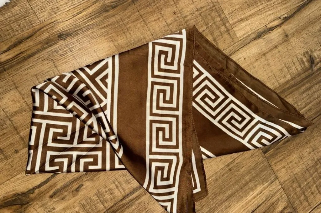 Brown & White Geometric Satin Scarf / Shawl — Preloved