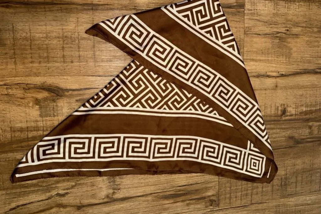 Brown & White Geometric Satin Scarf / Shawl — Preloved