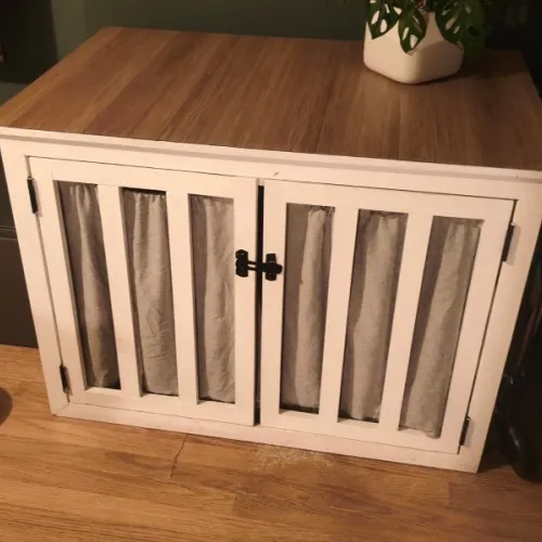 Large Wooden Dog Crate Furniture with Double Doors & Curtains