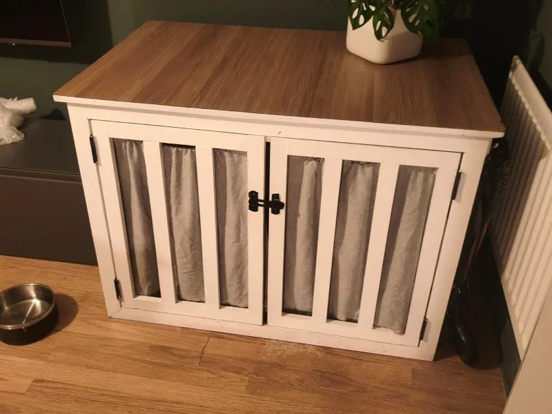 Large Wooden Dog Crate Furniture with Double Doors & Curtains