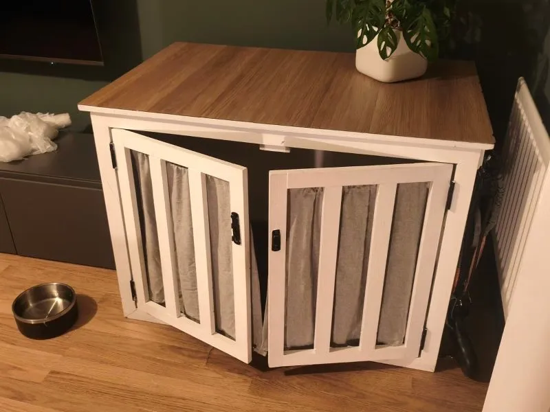 Large Wooden Dog Crate Furniture with Double Doors & Curtains