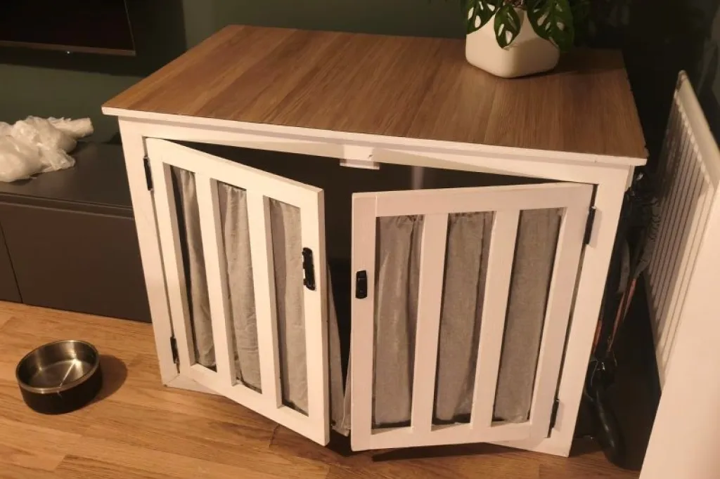 Large Wooden Dog Crate Furniture with Double Doors & Curtains