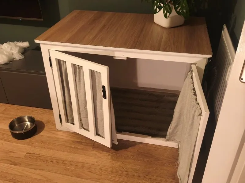 Large Wooden Dog Crate Furniture with Double Doors & Curtains