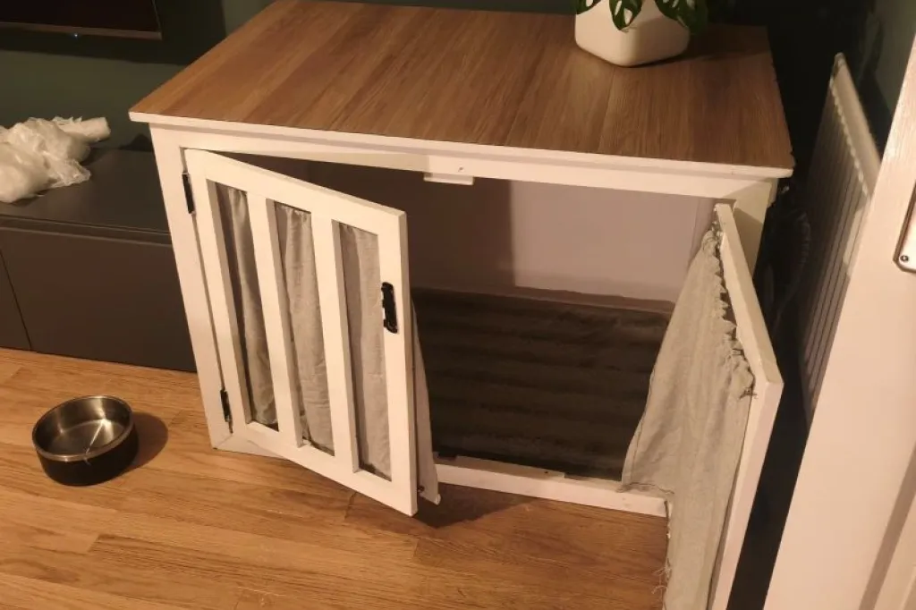 Large Wooden Dog Crate Furniture with Double Doors & Curtains