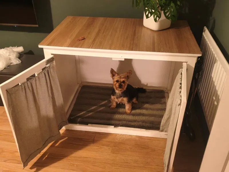 Large Wooden Dog Crate Furniture with Double Doors & Curtains