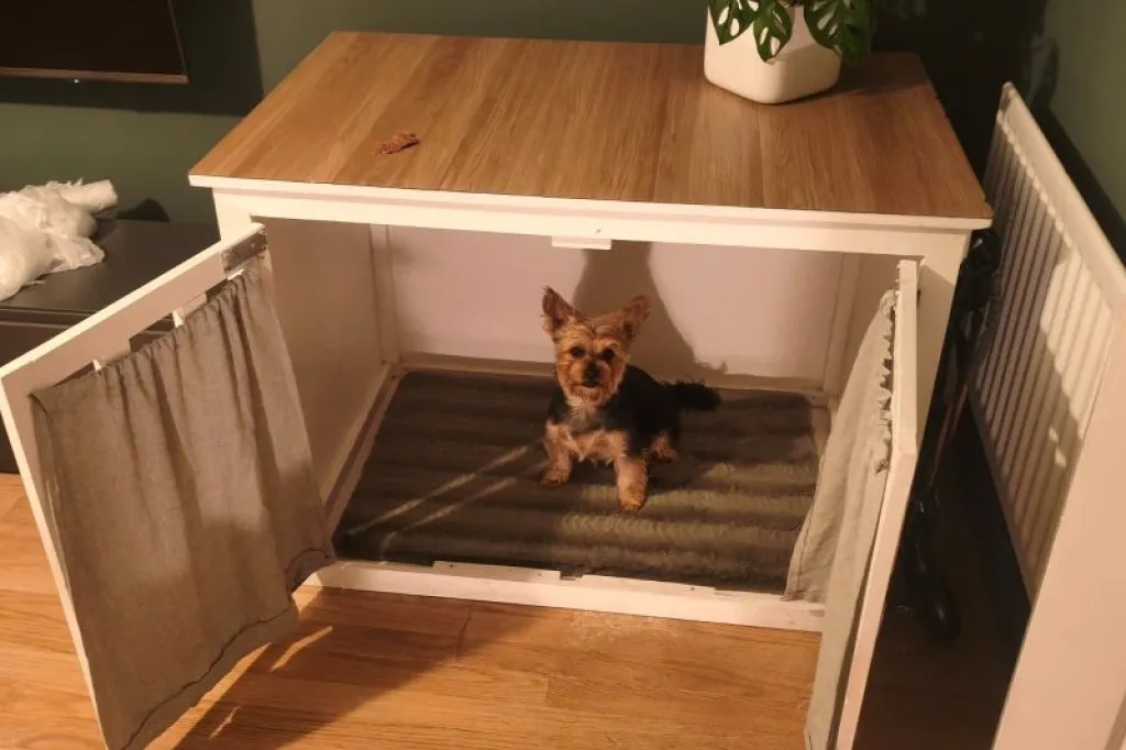 Large Wooden Dog Crate Furniture with Double Doors & Curtains