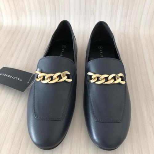 Kaleidoscope Navy Leather Loafers with Gold Chain Trim