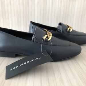 Kaleidoscope Navy Leather Loafers with Gold Chain Trim