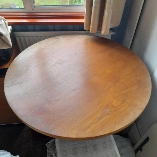 Solid Wood Round Table with thick 3cm top and metal pedestal base with four feet