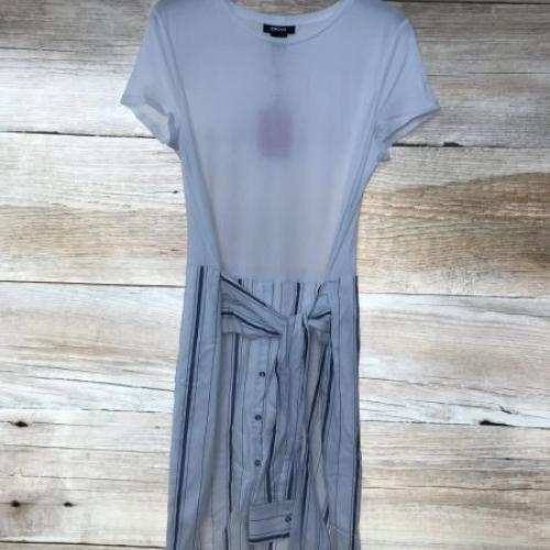 DKNY White and Blue T-Shirt Dress with Button Skirt Detail