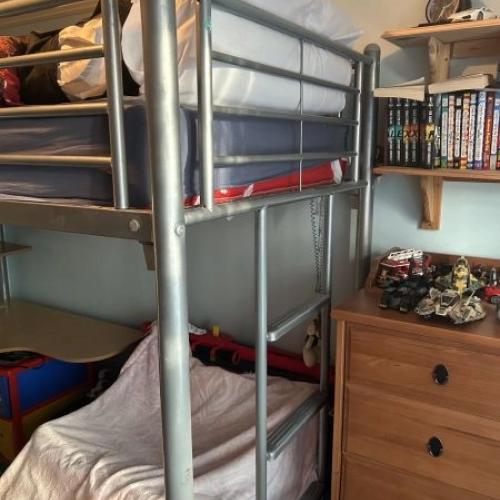 High metal frame bed with Mattress and desk