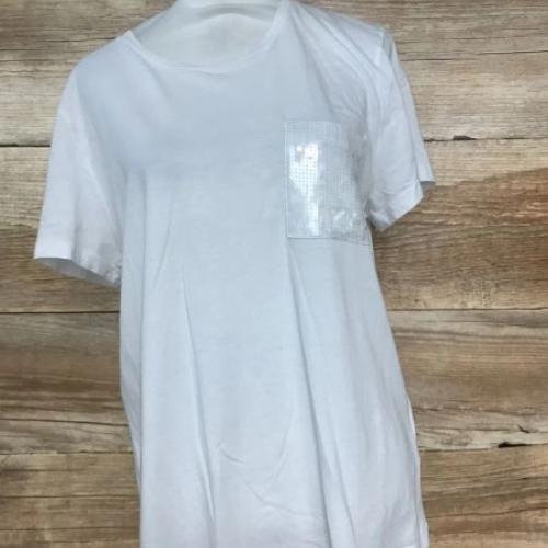DKNY White T-Shirt with Sequined Pocket Design