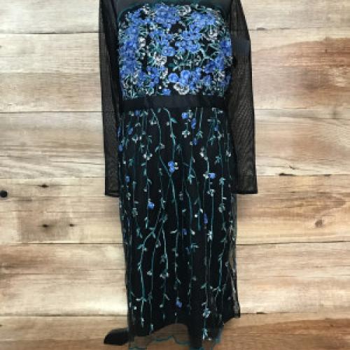 One by Kaleidoscope Black Shift Dress with Blue Embroidery Detail