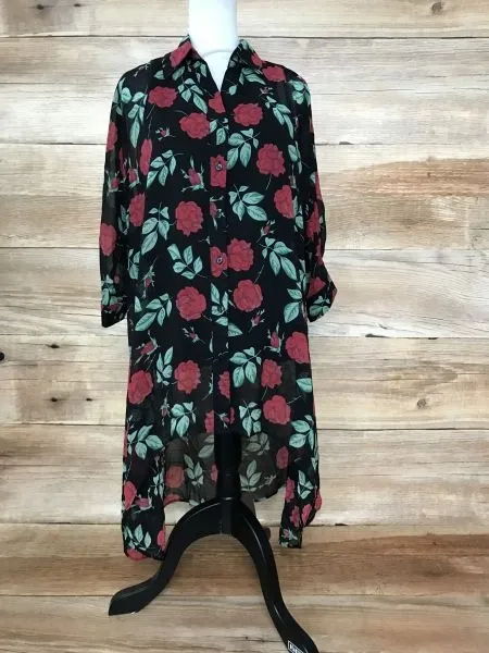 In The Style Long Length Black Rose Print Dropped Hem Shirt