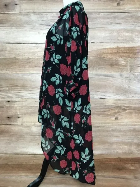 In The Style Long Length Black Rose Print Dropped Hem Shirt